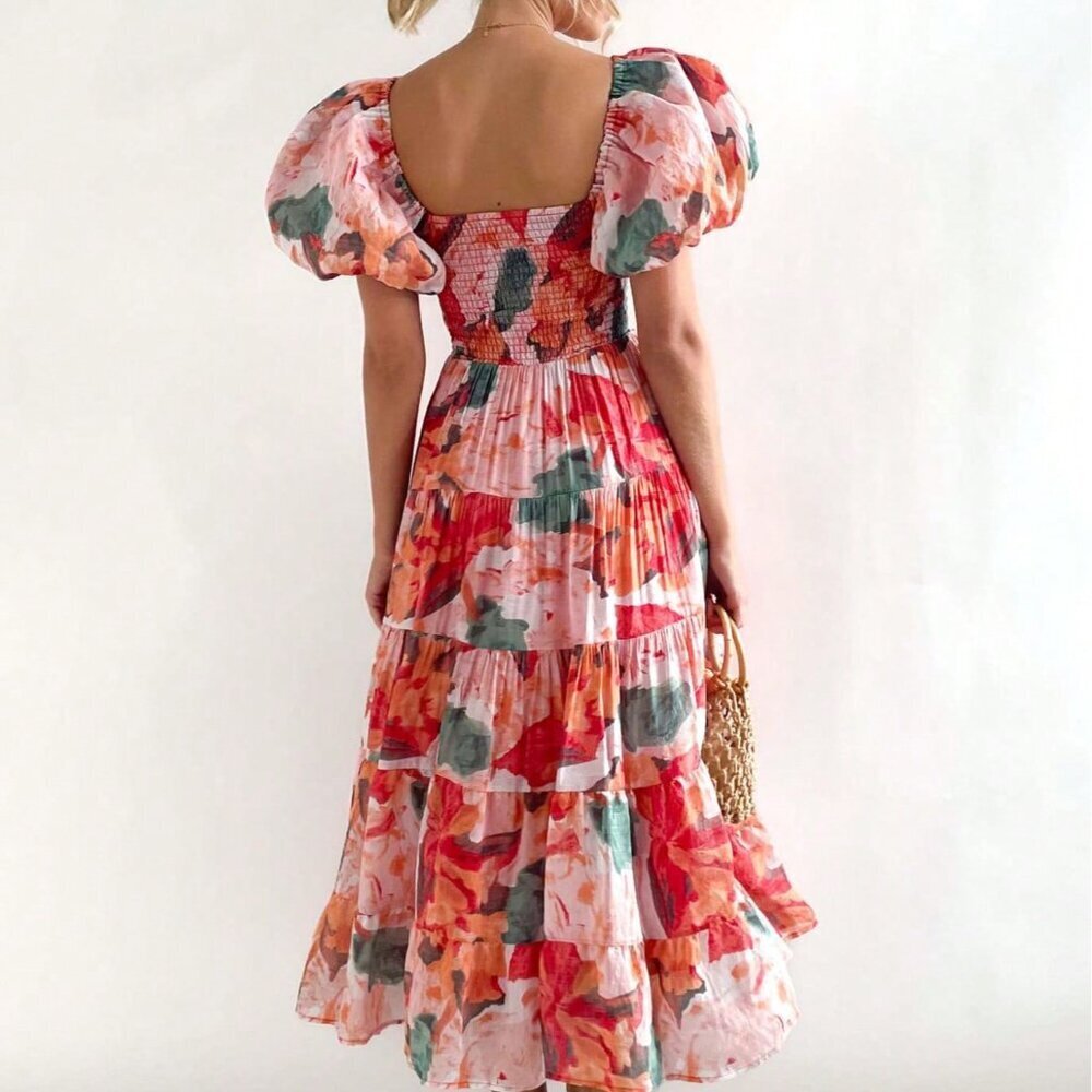 Red Casual Women's Off Shoulder Puff Sleeve Floral Print Dress - Picture 2 of 5